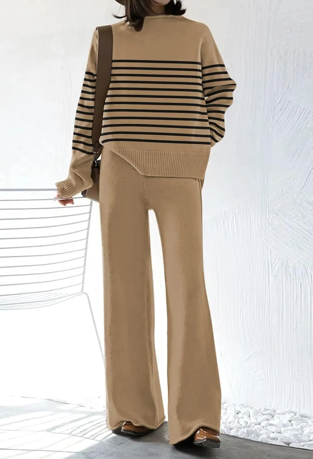 Fixmatti Stripe Sweater Sets for Women 2 Piece Knitted Outfits High Neck Top Wide Leg Pant Loungewear