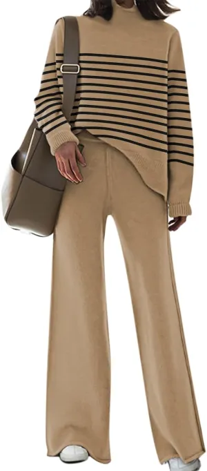 Fixmatti Stripe Sweater Sets for Women 2 Piece Knitted Outfits High Neck Top Wide Leg Pant Loungewear