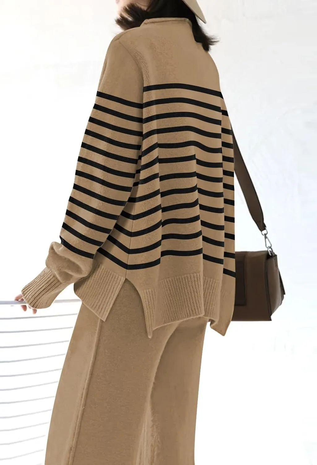 Fixmatti Stripe Sweater Sets for Women 2 Piece Knitted Outfits High Neck Top Wide Leg Pant Loungewear