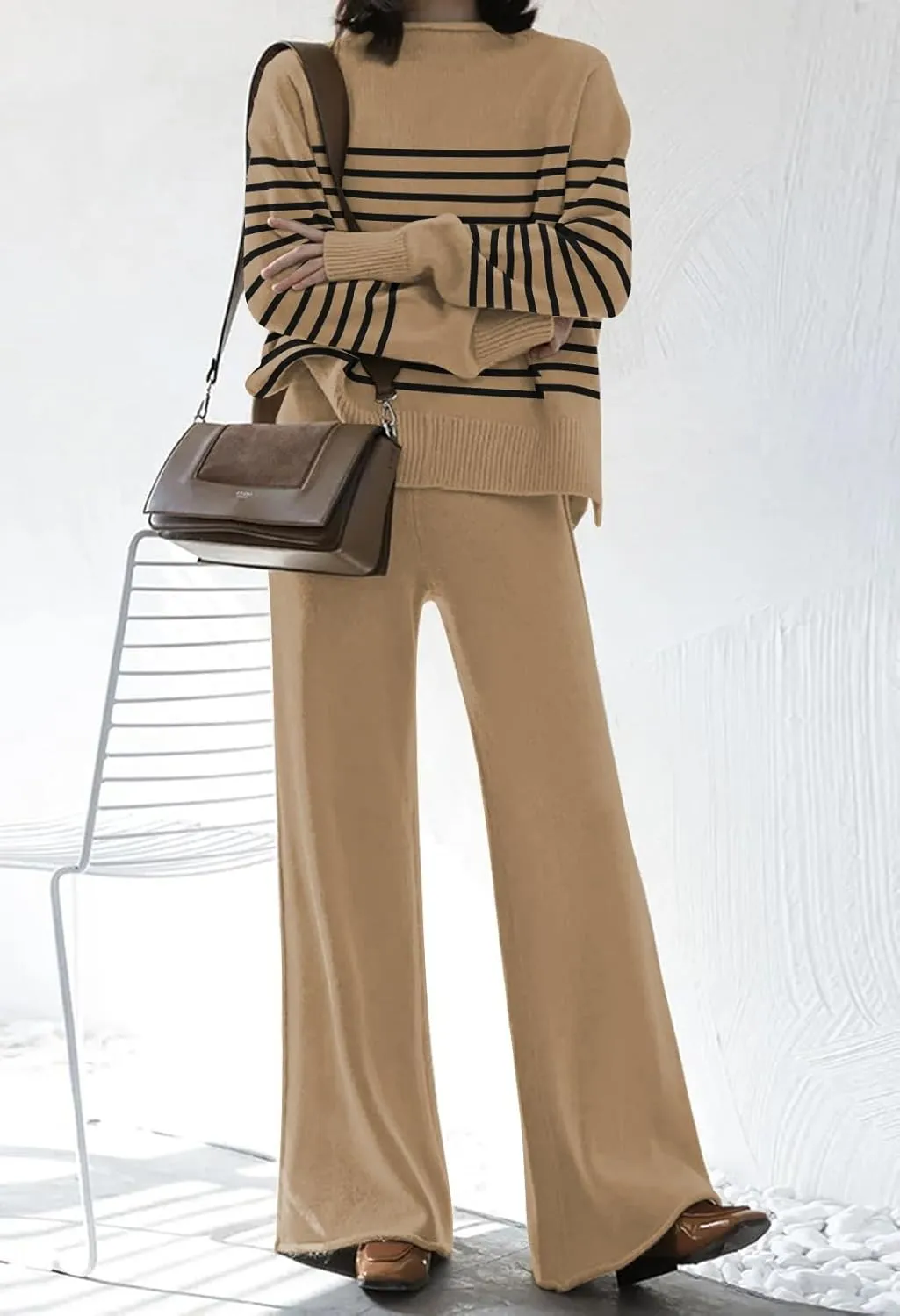 Fixmatti Stripe Sweater Sets for Women 2 Piece Knitted Outfits High Neck Top Wide Leg Pant Loungewear