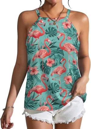 Flamingos Tropical Leaves Women's Tank Top Sleeveless Spaghetti Straps Tie Back Print T-shirt Tops