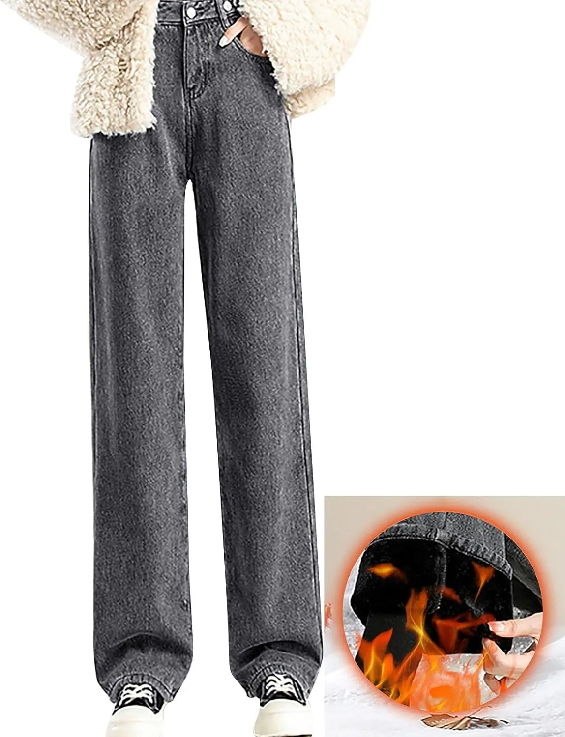 Fleece Lined Jeans Women High Waisted Straight Wide Leg Bootcut Denim Pants Fall Trendy Dressy Casual Plus Size Jean