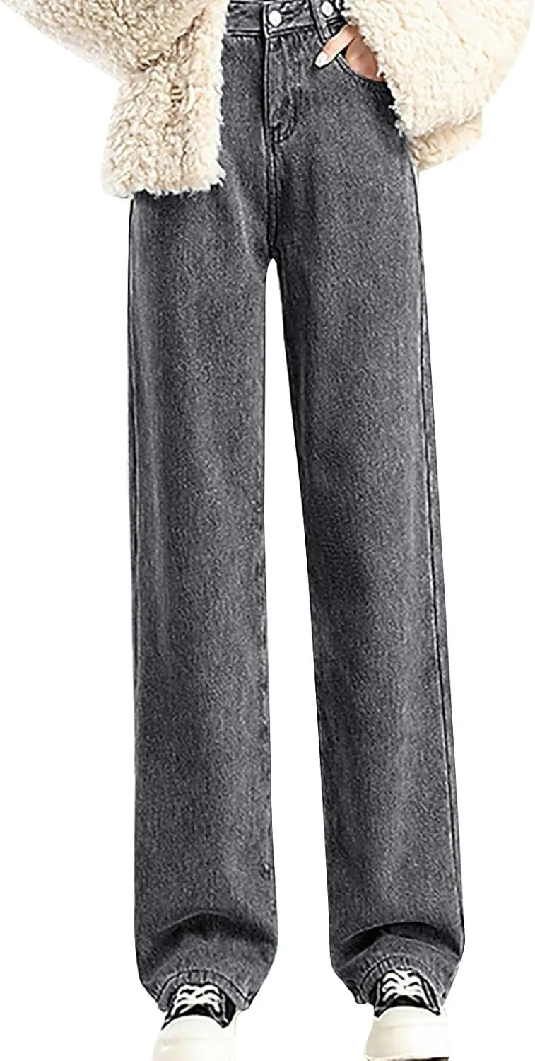 Fleece Lined Jeans Women High Waisted Straight Wide Leg Bootcut Denim Pants Fall Trendy Dressy Casual Plus Size Jean