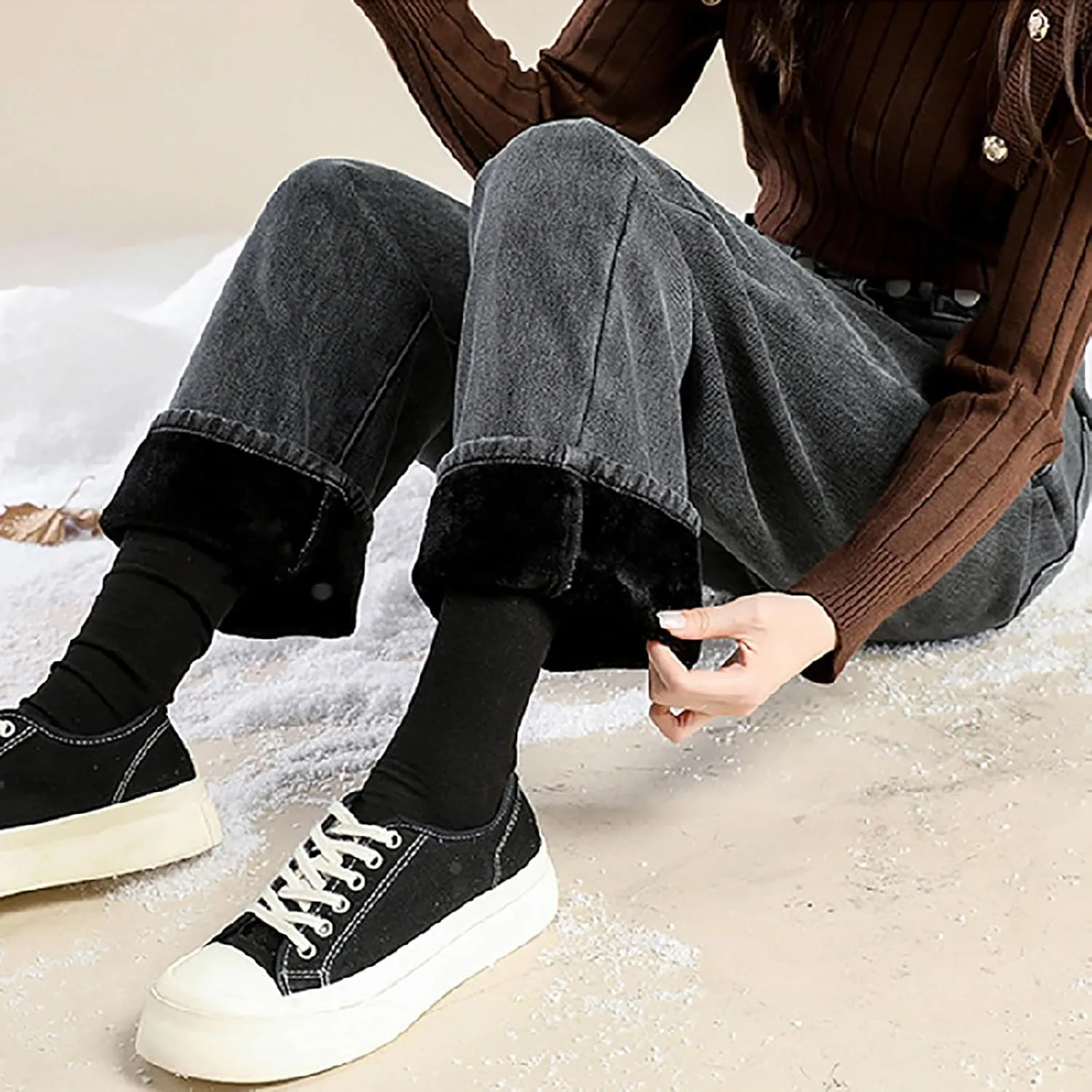 Fleece Lined Jeans Women High Waisted Straight Wide Leg Bootcut Denim Pants Fall Trendy Dressy Casual Plus Size Jean
