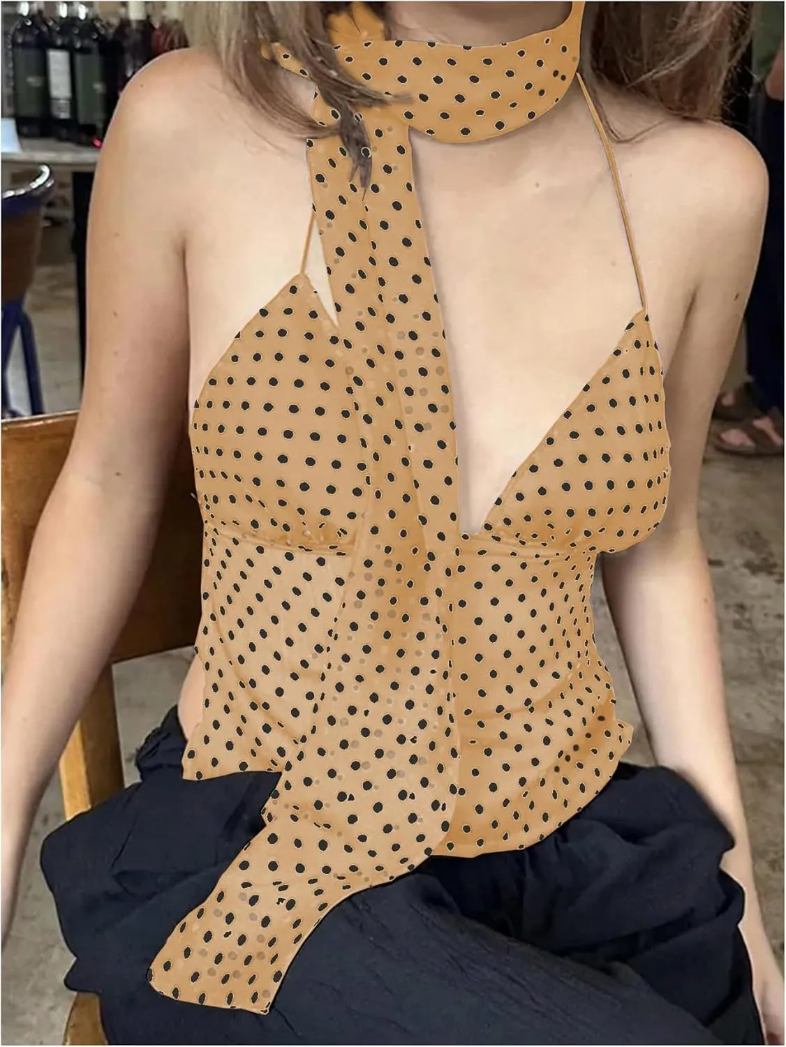 Floerns Women's Polka Dots Tie Front Tops Backless Camisole Tie Back Cami Top with Ribbon