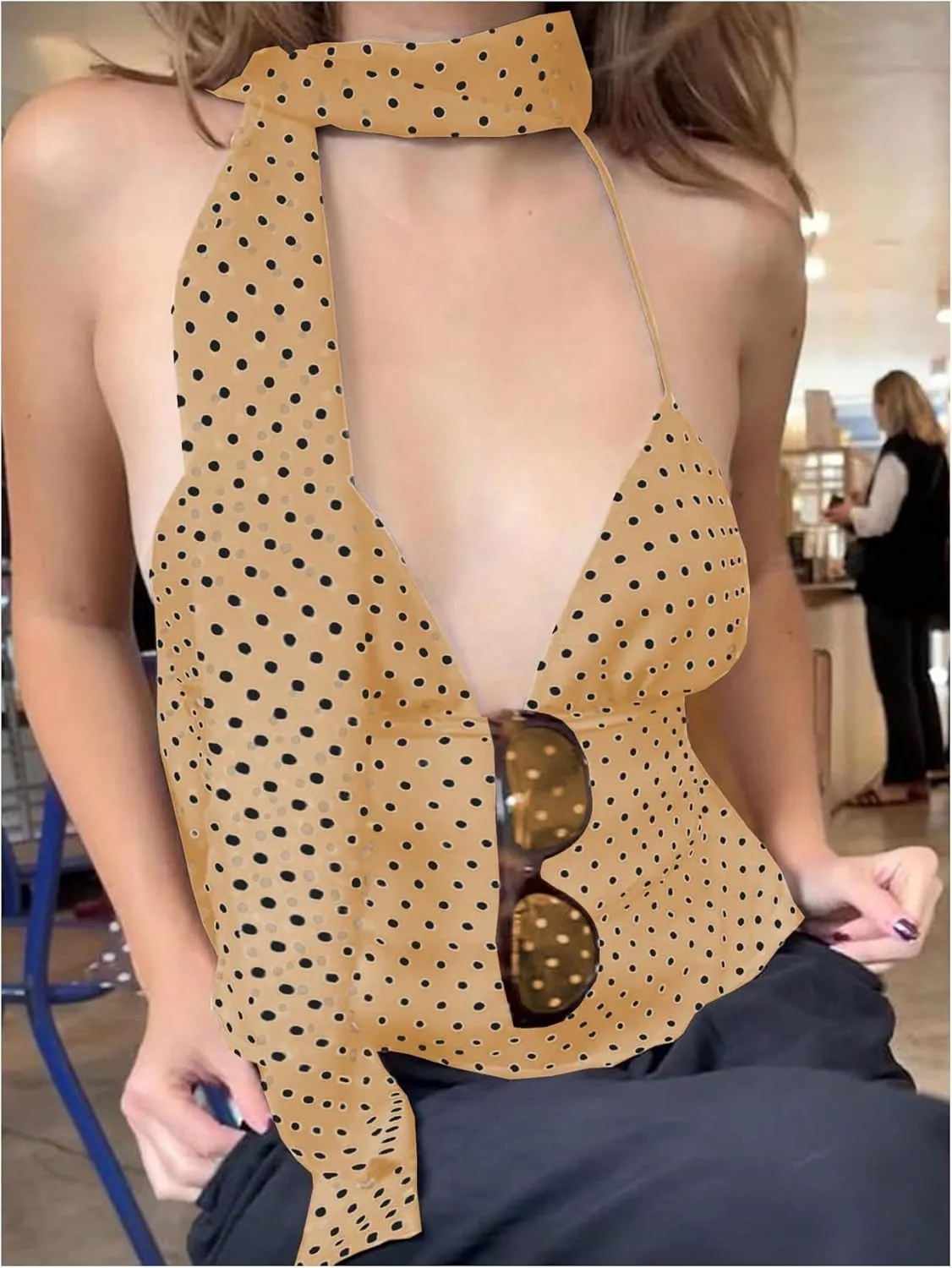 Floerns Women's Polka Dots Tie Front Tops Backless Camisole Tie Back Cami Top with Ribbon