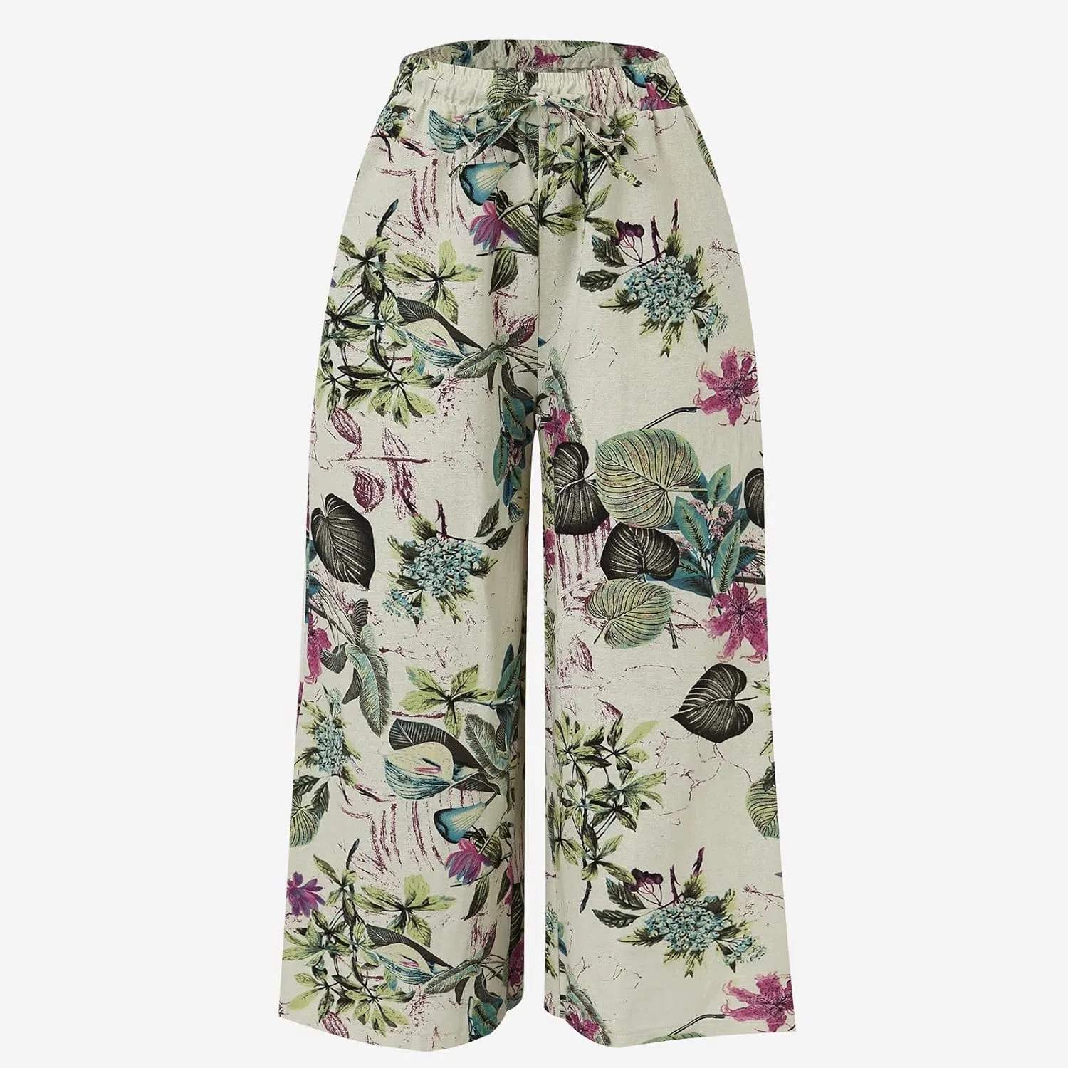 Floral Print Trouser for Women High Waist Drawstring Trouser Causal Loose Wide Leg Pants Bohemia Yoga Pants (Red, L)