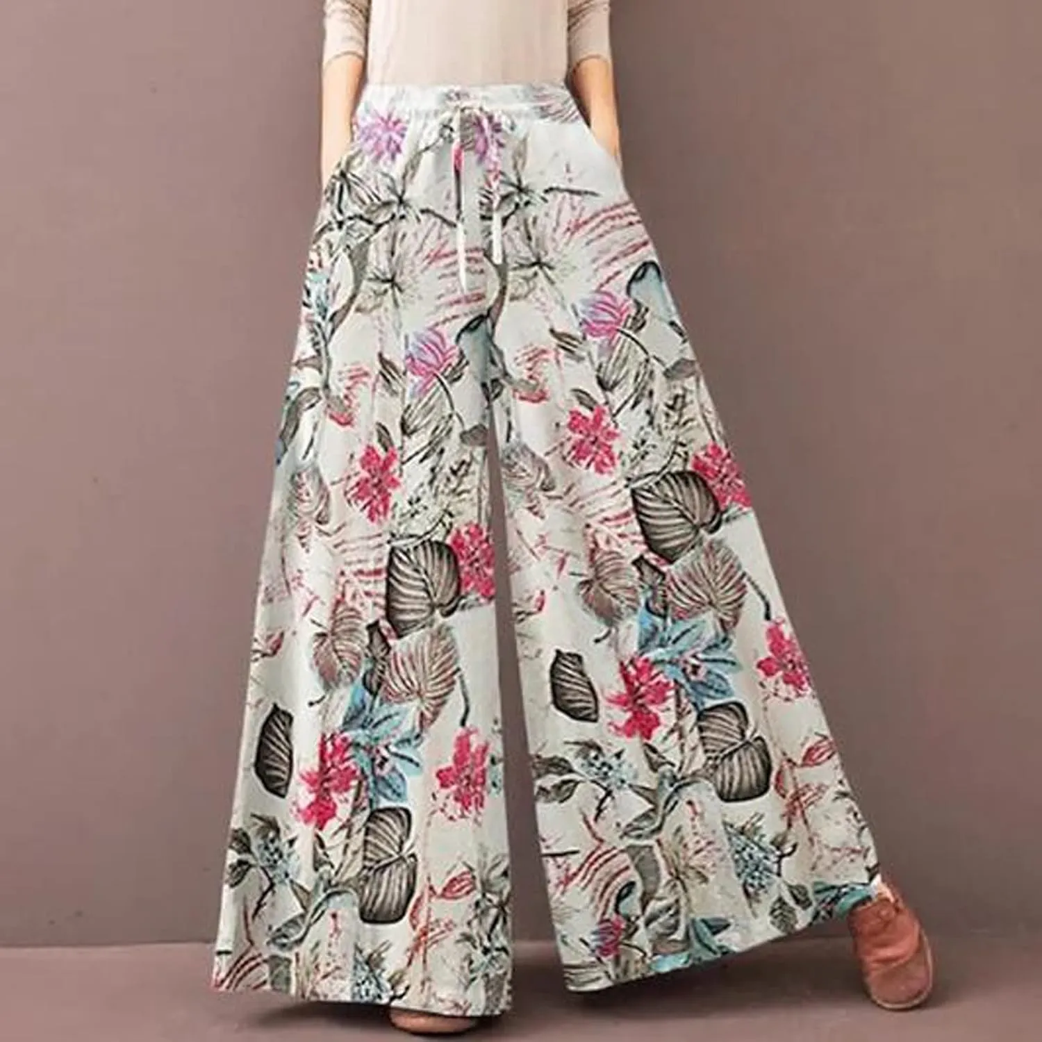Floral Print Trouser for Women High Waist Drawstring Trouser Causal Loose Wide Leg Pants Bohemia Yoga Pants (Red, L)