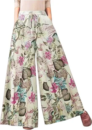 Floral Print Trouser for Women High Waist Drawstring Trouser Causal Loose Wide Leg Pants Bohemia Yoga Pants (Red, L)