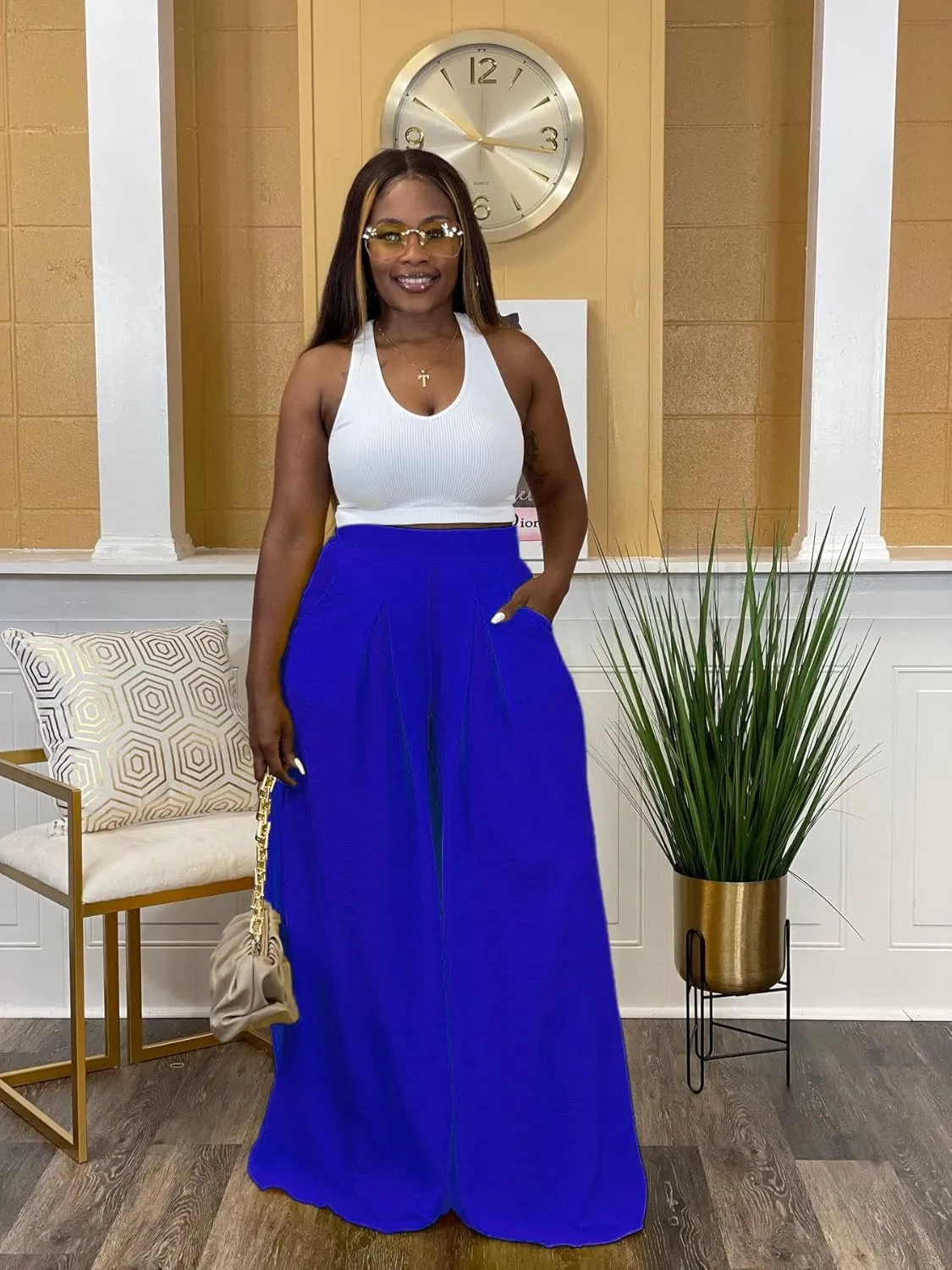 Flowy Pants for Women Casual High Waisted Wide Leg Palazzo Pants Trousers with Pocket Plus Size
