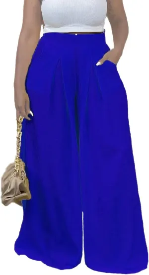 Flowy Pants for Women Casual High Waisted Wide Leg Palazzo Pants Trousers with Pocket Plus Size