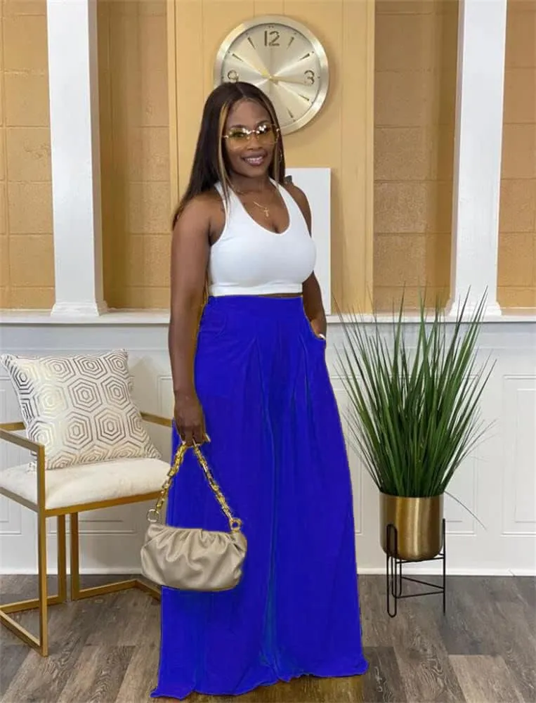 Flowy Pants for Women Casual High Waisted Wide Leg Palazzo Pants Trousers with Pocket Plus Size
