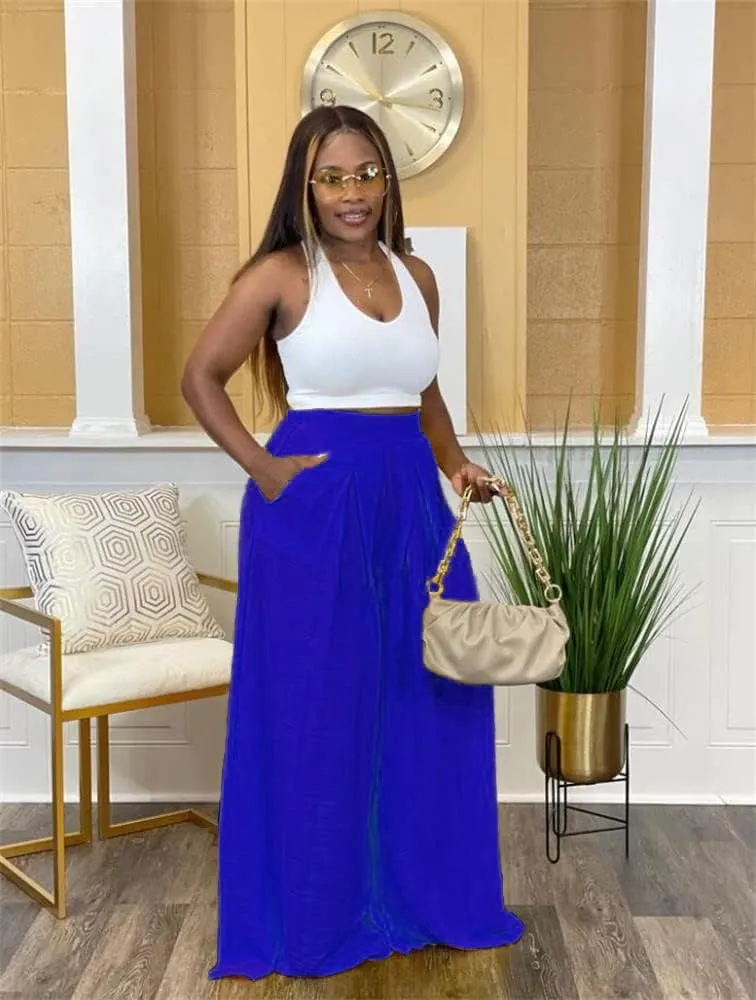 Flowy Pants for Women Casual High Waisted Wide Leg Palazzo Pants Trousers with Pocket Plus Size