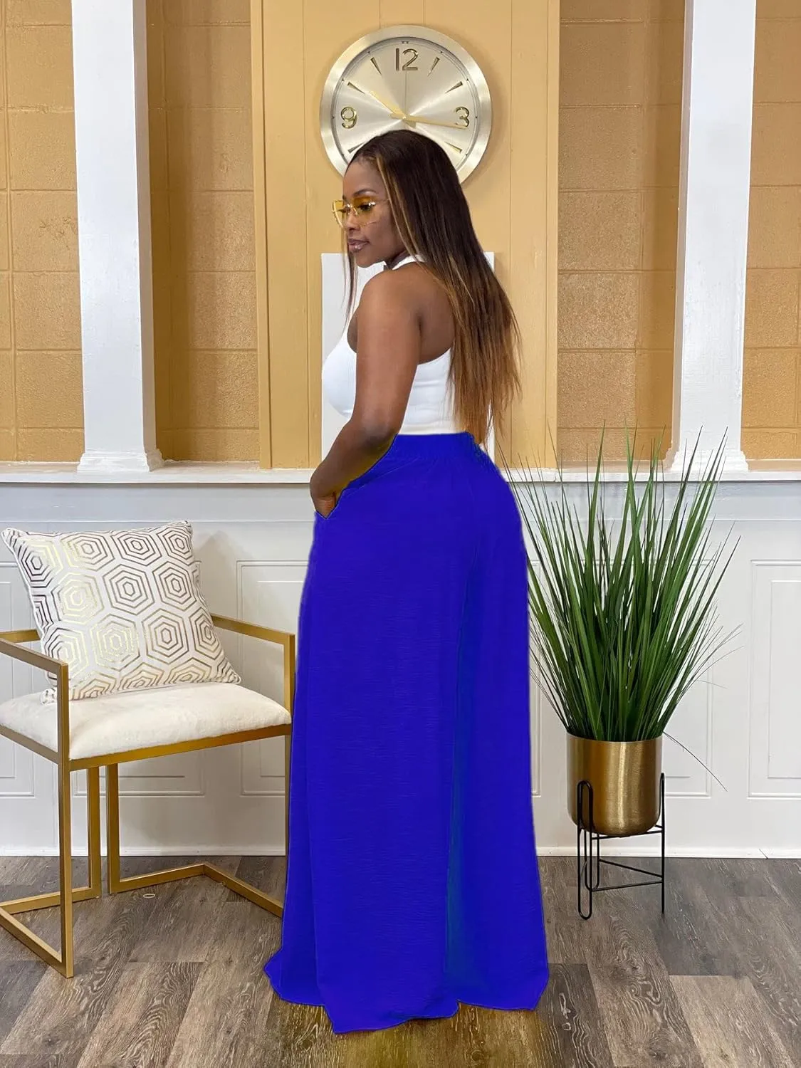 Flowy Pants for Women Casual High Waisted Wide Leg Palazzo Pants Trousers with Pocket Plus Size