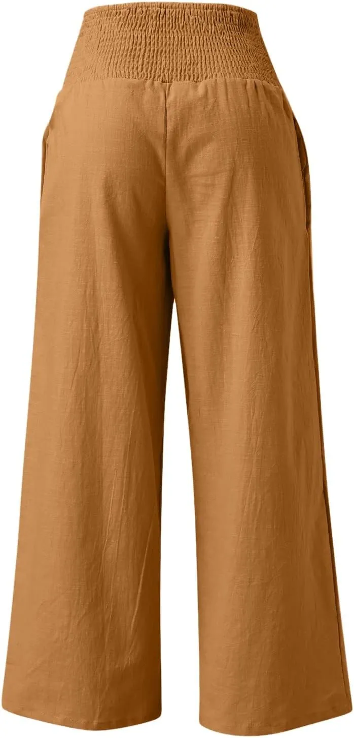 Flowy Pants for Women, Women Linen Pants Elastic High Waist Wide Leg Palazzo Lounge Trousers Casual Loose Beach Pants