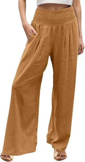 Flowy Pants for Women, Women Linen Pants Elastic High Waist Wide Leg Palazzo Lounge Trousers Casual Loose Beach Pants