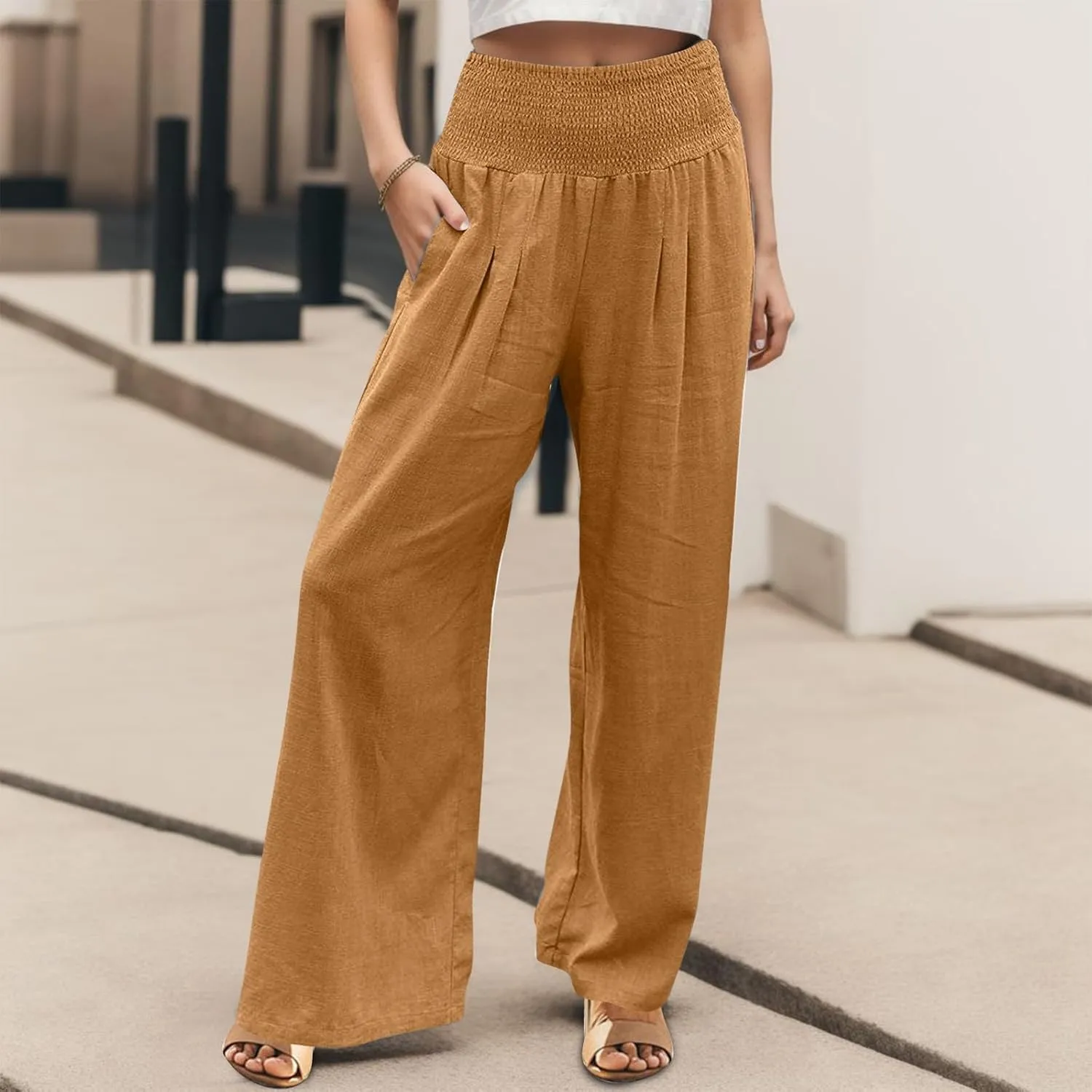 Flowy Pants for Women, Women Linen Pants Elastic High Waist Wide Leg Palazzo Lounge Trousers Casual Loose Beach Pants