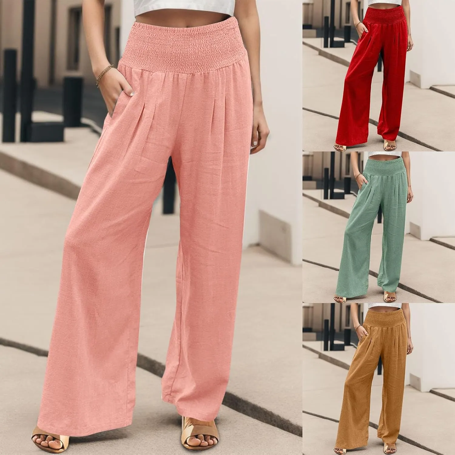 Flowy Pants for Women, Women Linen Pants Elastic High Waist Wide Leg Palazzo Lounge Trousers Casual Loose Beach Pants