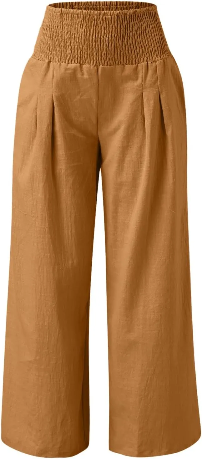 Flowy Pants for Women, Women Linen Pants Elastic High Waist Wide Leg Palazzo Lounge Trousers Casual Loose Beach Pants