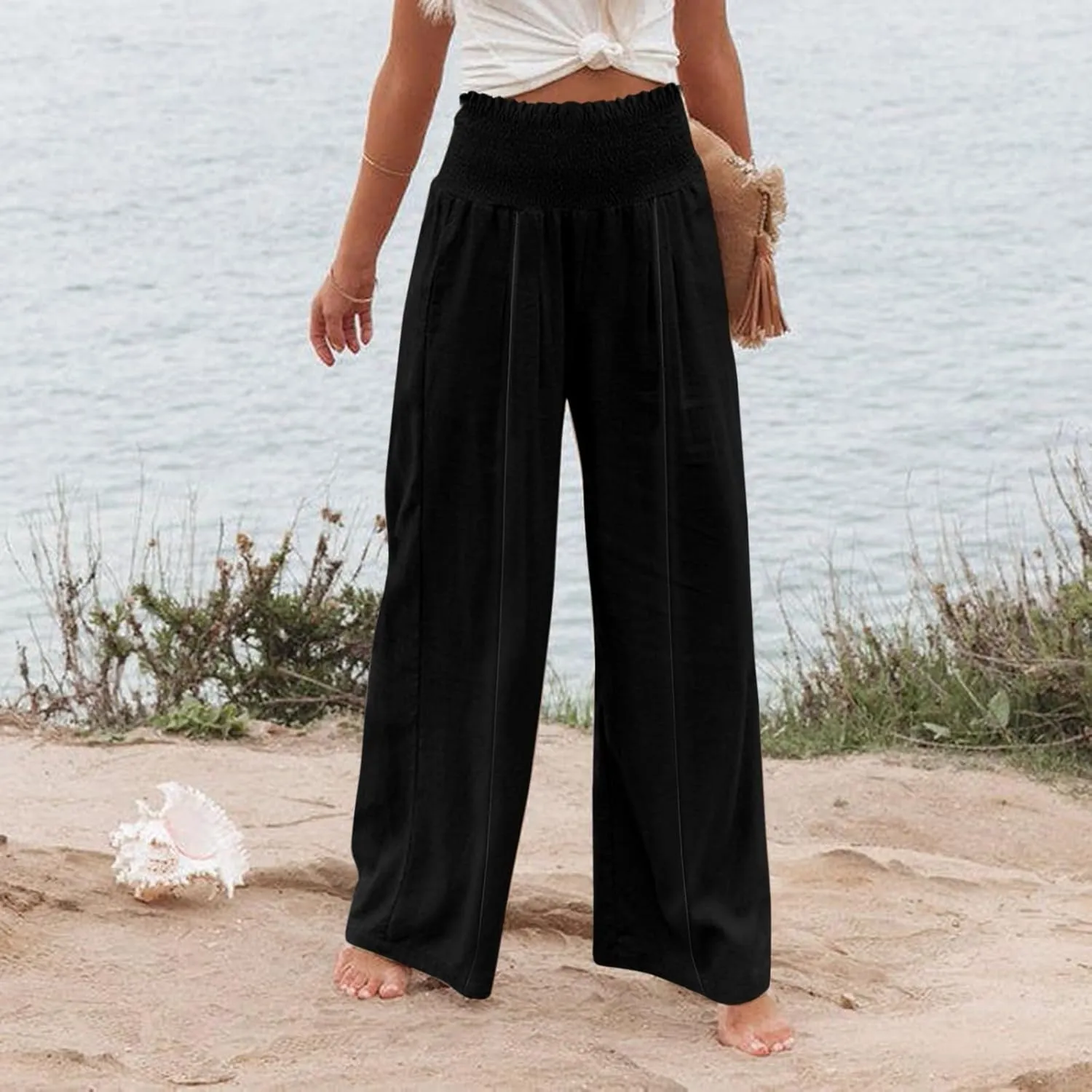 Flwoy Palazzo Pants for Women Smocked Elastic Waist Boho Linen Wide Leg Pants Casual Flowy Summer Pants with Pockets