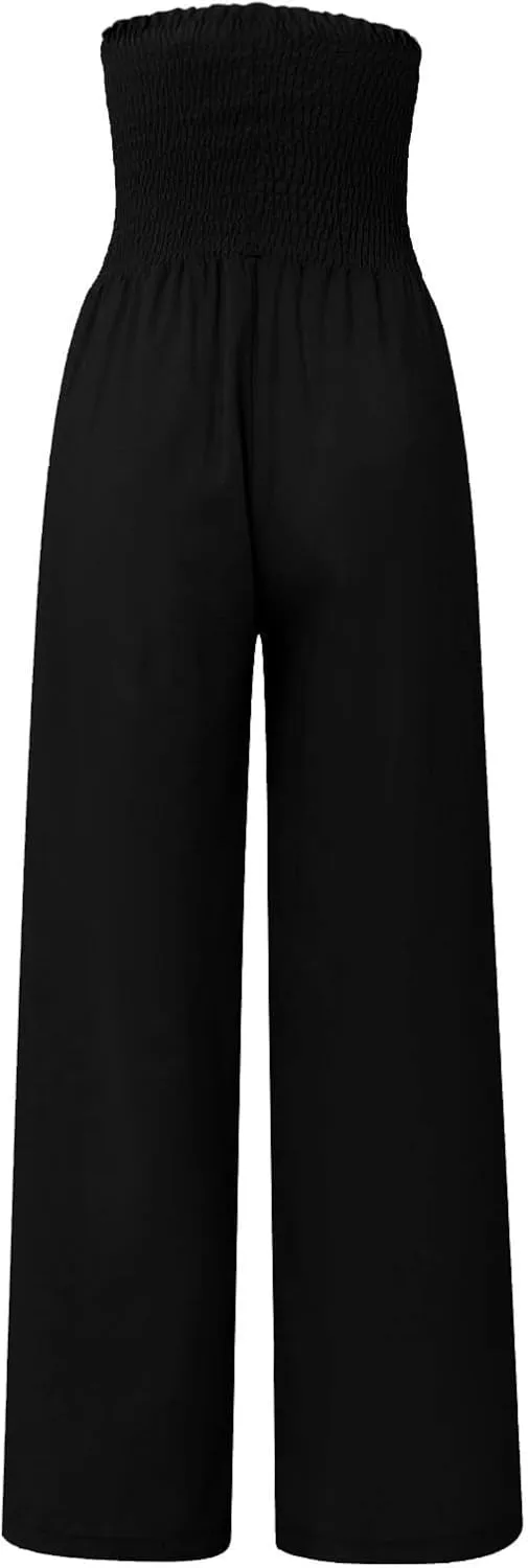 Flwoy Palazzo Pants for Women Smocked Elastic Waist Boho Linen Wide Leg Pants Casual Flowy Summer Pants with Pockets