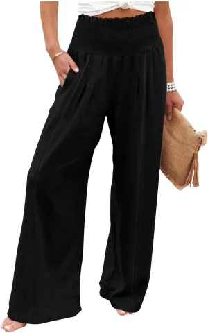 Flwoy Palazzo Pants for Women Smocked Elastic Waist Boho Linen Wide Leg Pants Casual Flowy Summer Pants with Pockets