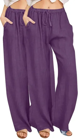FZYLQY 2 Pcs Women's Linen Pants Casual Wide Leg High Waisted Trousers with Pockets Drawstring Loose Palazzo Lounge Pants