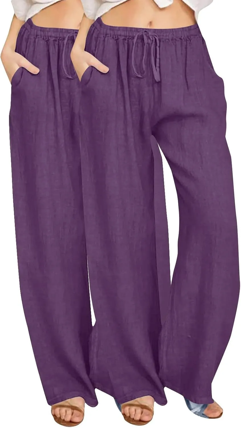 FZYLQY 2 Pcs Women's Linen Pants Casual Wide Leg High Waisted Trousers with Pockets Drawstring Loose Palazzo Lounge Pants
