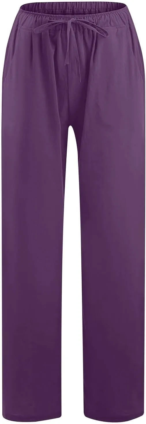 FZYLQY 2 Pcs Women's Linen Pants Casual Wide Leg High Waisted Trousers with Pockets Drawstring Loose Palazzo Lounge Pants