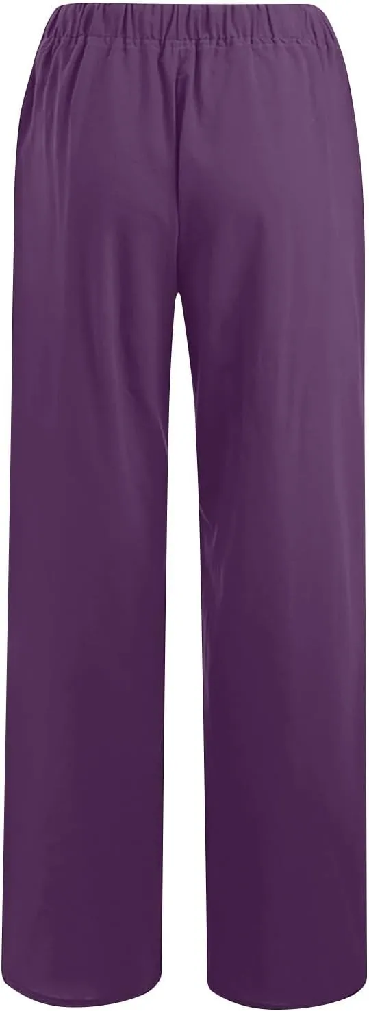 FZYLQY 2 Pcs Women's Linen Pants Casual Wide Leg High Waisted Trousers with Pockets Drawstring Loose Palazzo Lounge Pants