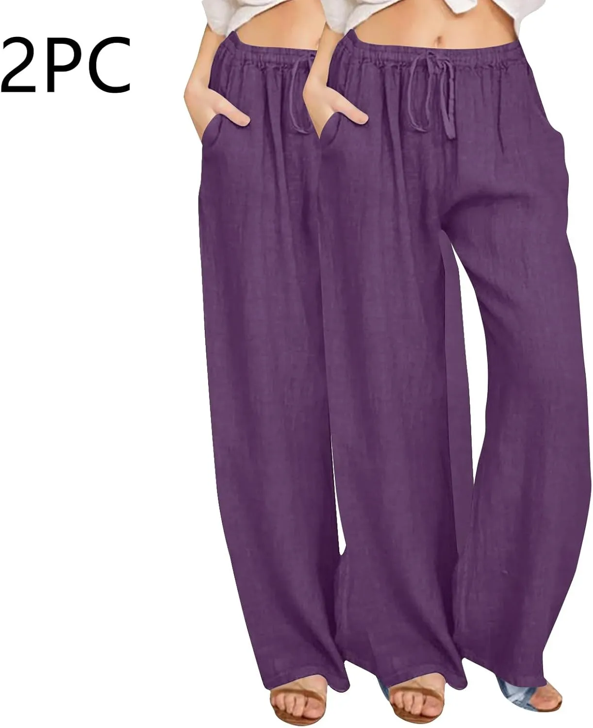 FZYLQY 2 Pcs Women's Linen Pants Casual Wide Leg High Waisted Trousers with Pockets Drawstring Loose Palazzo Lounge Pants