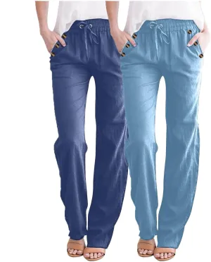 FZYLQY 2PC Womens Casual Loose Elastic Waist Linen Pants 2025 Loose Fit Trousers with Pockets Loose Flowy Yoga Sweatpants