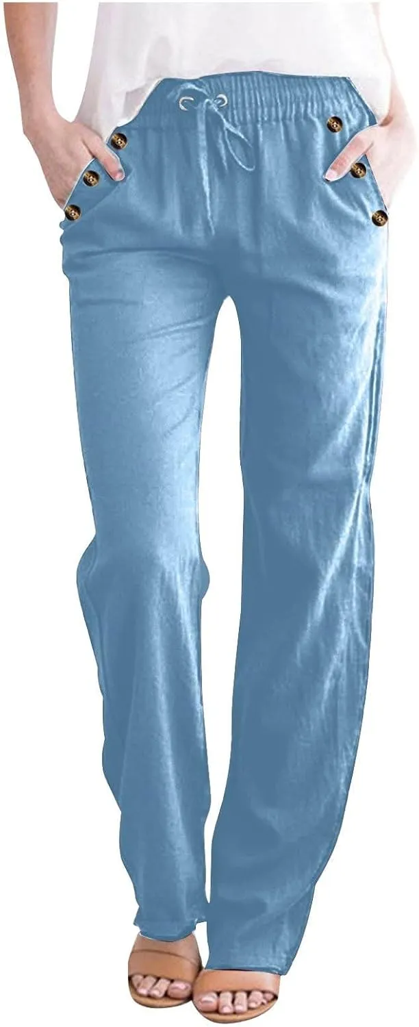 FZYLQY 2PC Womens Casual Loose Elastic Waist Linen Pants 2025 Loose Fit Trousers with Pockets Loose Flowy Yoga Sweatpants