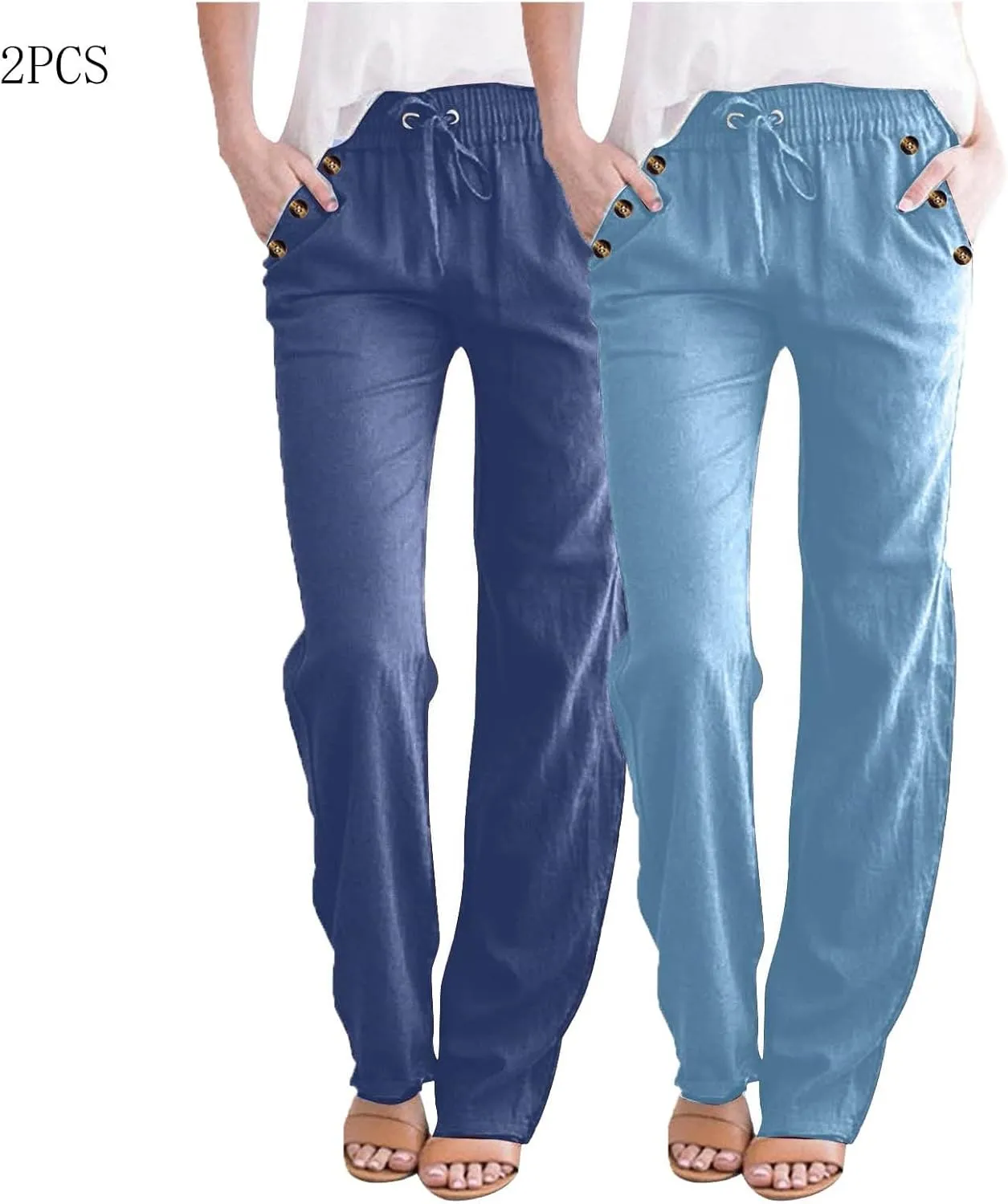 FZYLQY 2PC Womens Casual Loose Elastic Waist Linen Pants 2025 Loose Fit Trousers with Pockets Loose Flowy Yoga Sweatpants