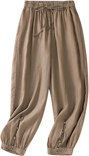 FZYLQY Cotton Linen Pants Women Wide Leg Hight Waisted Palazzo Pants Loose Fit Elastic Waist Summer Dressy Casual Trousers