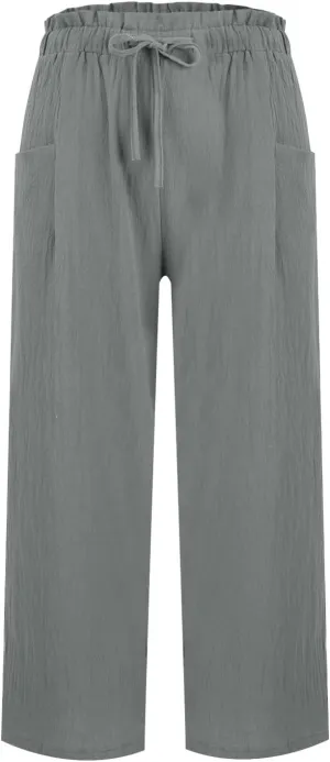 GIERIDUC Capris Pants for Women Cotton Linen Casual Summer Gauze Pant Wide Leg Drawstring Elastic Waist Cropped Trouser