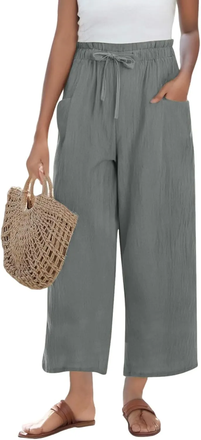 GIERIDUC Capris Pants for Women Cotton Linen Casual Summer Gauze Pant Wide Leg Drawstring Elastic Waist Cropped Trouser
