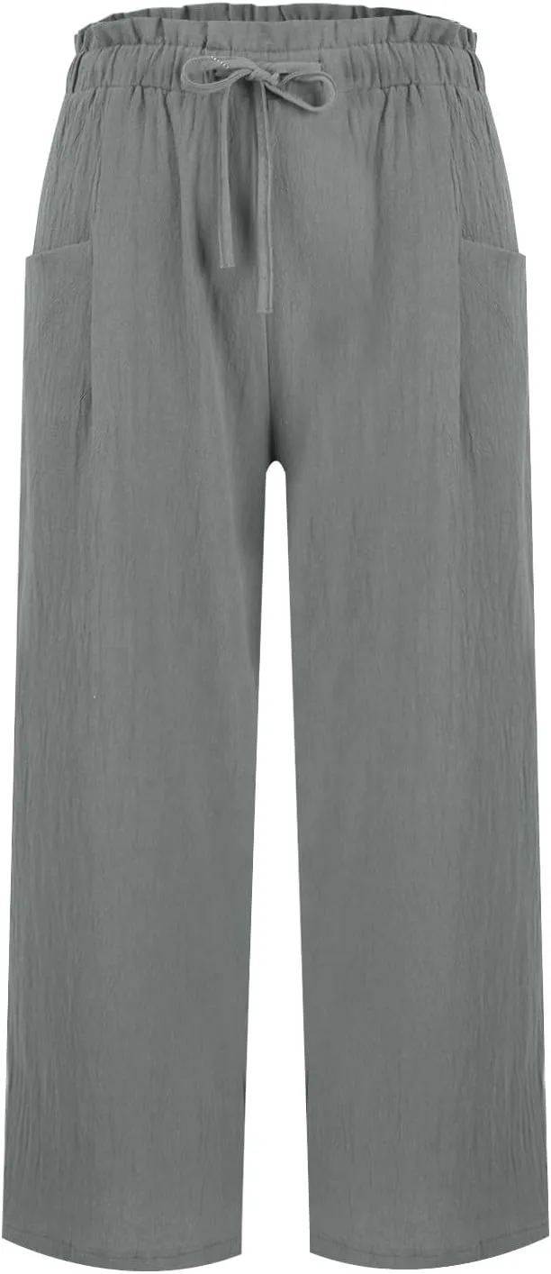 GIERIDUC Capris Pants for Women Cotton Linen Casual Summer Gauze Pant Wide Leg Drawstring Elastic Waist Cropped Trouser