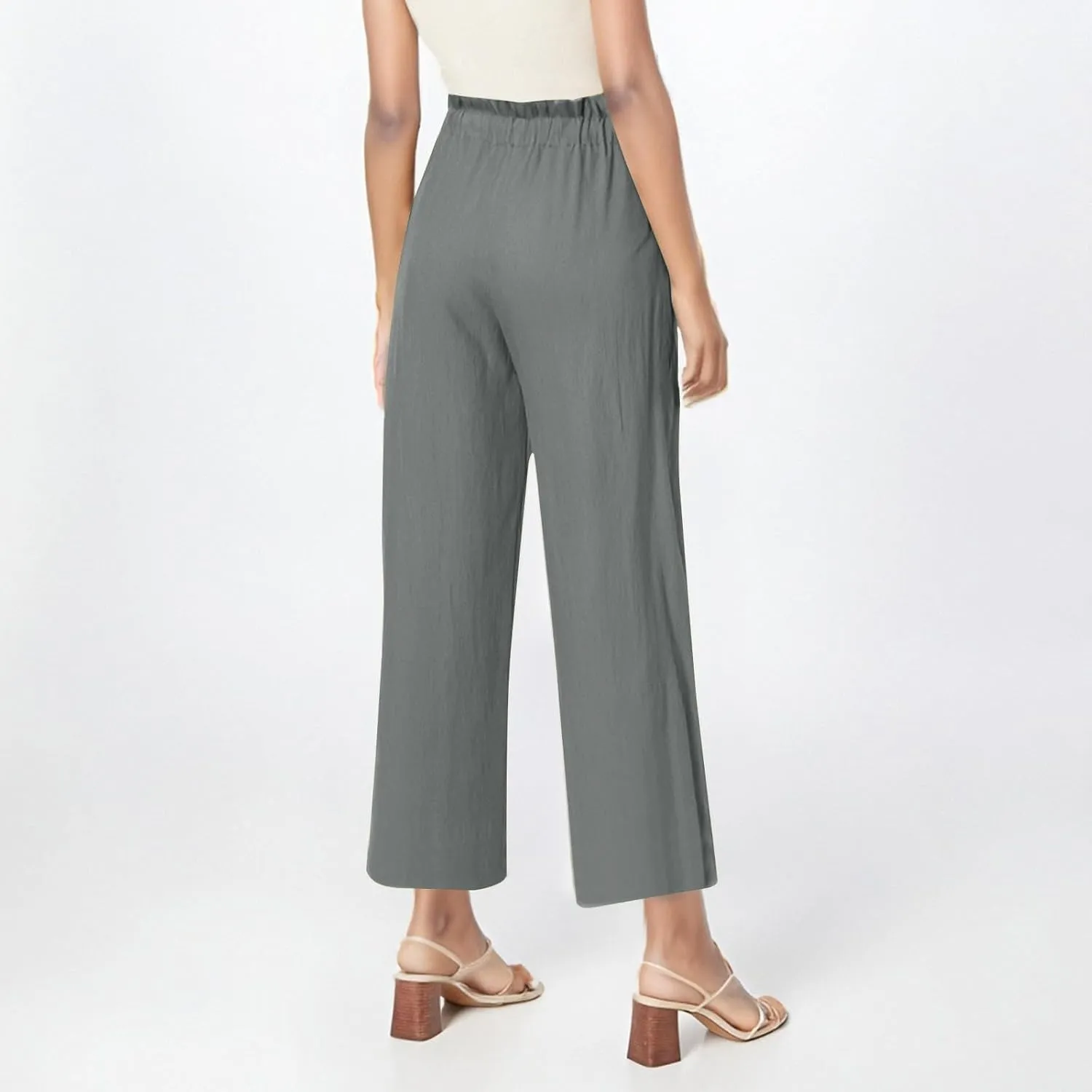 GIERIDUC Capris Pants for Women Cotton Linen Casual Summer Gauze Pant Wide Leg Drawstring Elastic Waist Cropped Trouser