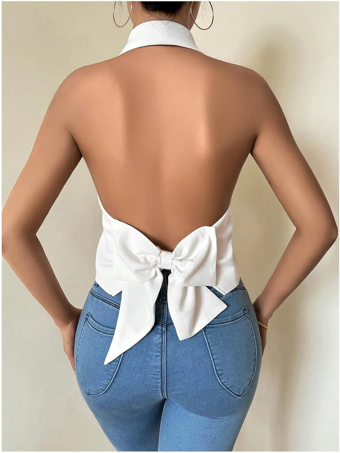 GORGLITTER Women's Bow Open Back Cropped Top Button Down Vest Shirt Sleeveless Backless Halter Tops