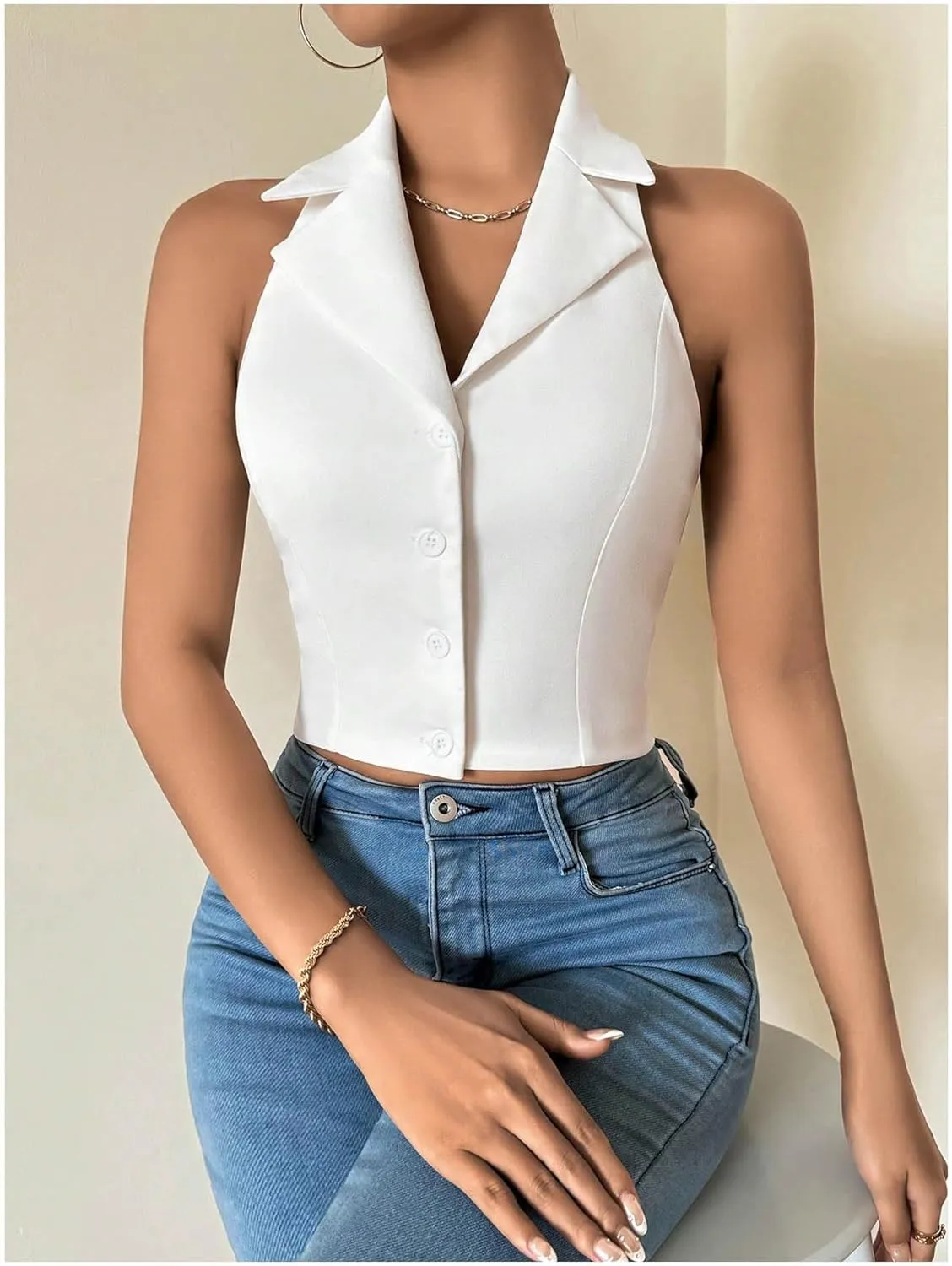 GORGLITTER Women's Bow Open Back Cropped Top Button Down Vest Shirt Sleeveless Backless Halter Tops