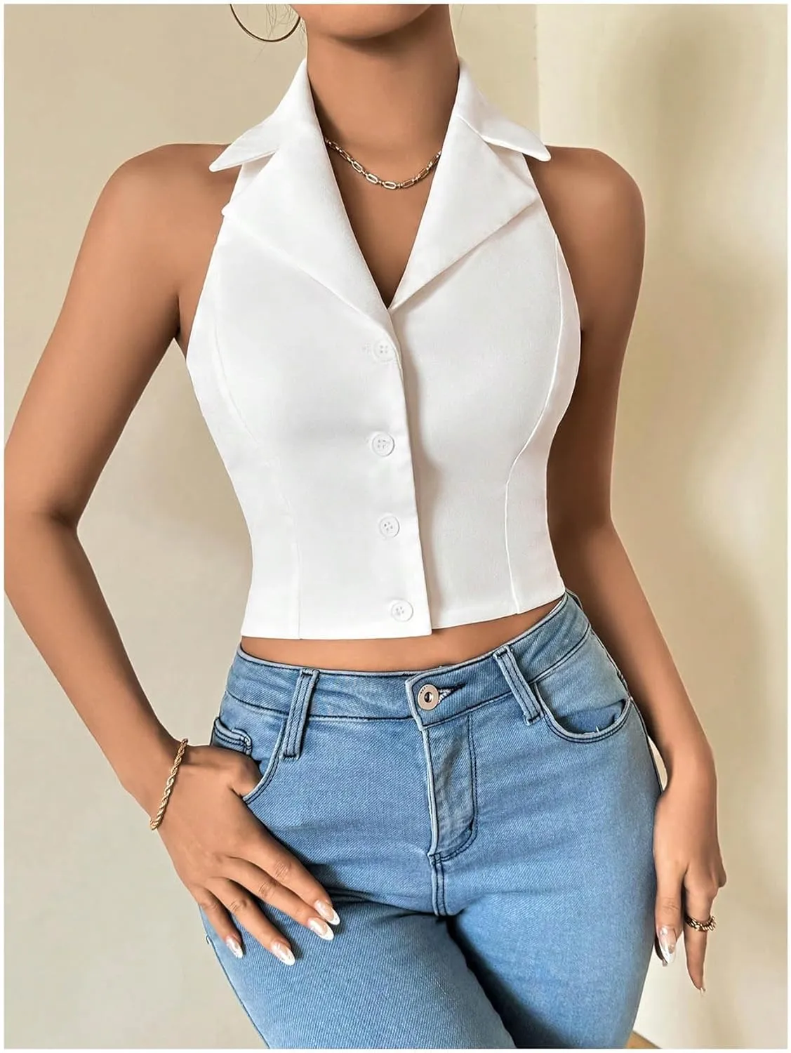 GORGLITTER Women's Bow Open Back Cropped Top Button Down Vest Shirt Sleeveless Backless Halter Tops