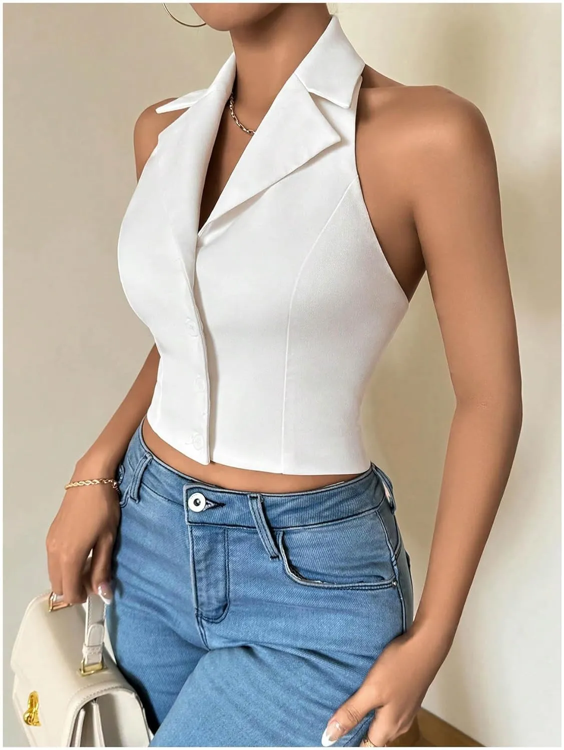 GORGLITTER Women's Bow Open Back Cropped Top Button Down Vest Shirt Sleeveless Backless Halter Tops