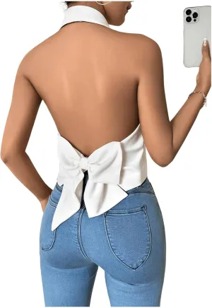 GORGLITTER Women's Bow Open Back Cropped Top Button Down Vest Shirt Sleeveless Backless Halter Tops