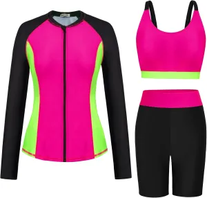GRACE KARIN Women's 3 Piece Rash Guard Built-in Bra Long Sleeve UV Sun Protection Swimsuit Zip up Swim Top Shirt Modest