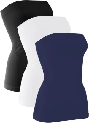 H HIAMIGOS 3 Pack Women's Strapless Cotton Long Tube Top Sleeveless Stretchy Cute Bandeau Tops Non Padded