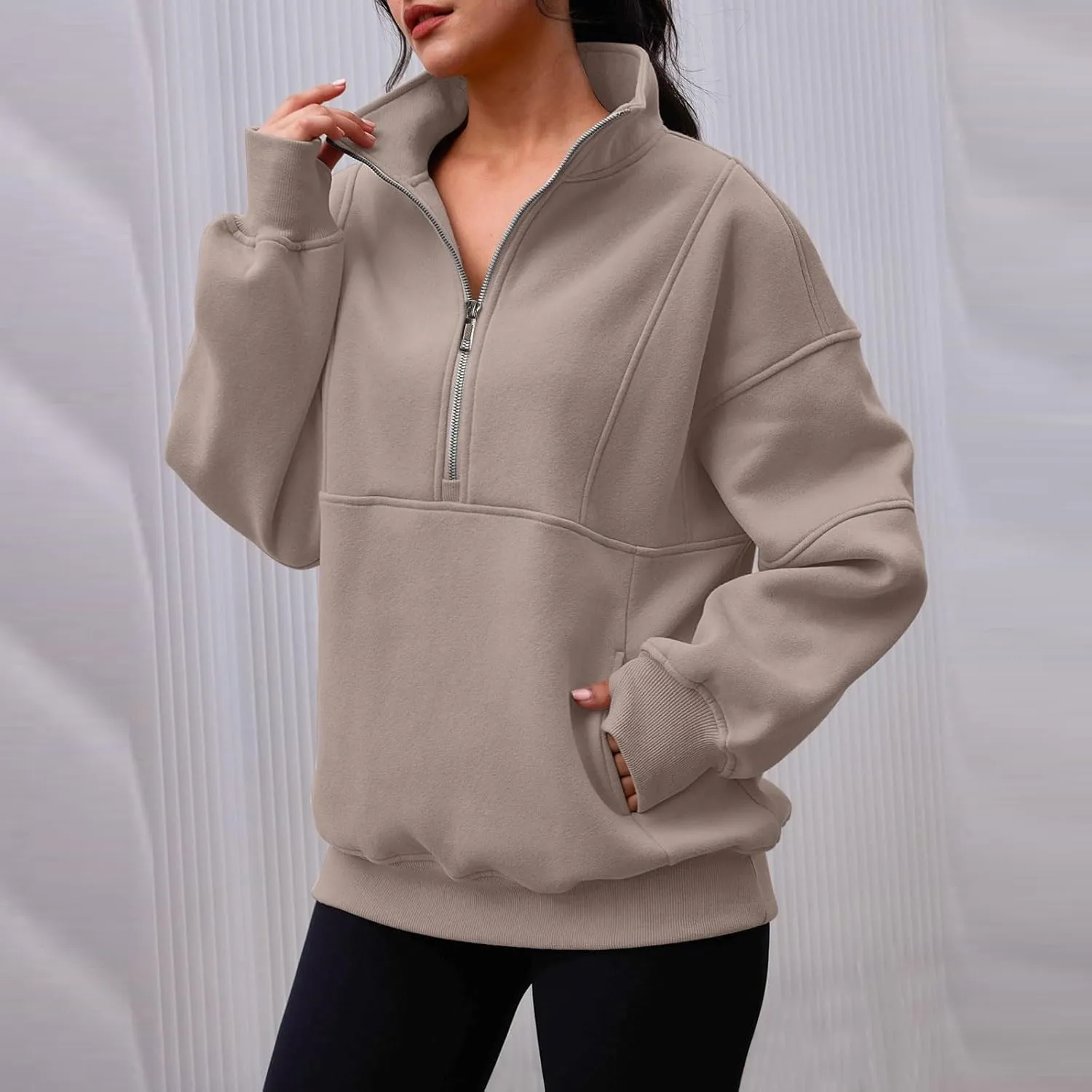 Half Zip Pullover Women Casual Oversized Sweatshirt with Pocket Loose Fit Long Sleeve Workout Tops Fall Outfits 2024