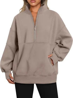 Half Zip Pullover Women Casual Oversized Sweatshirt with Pocket Loose Fit Long Sleeve Workout Tops Fall Outfits 2024