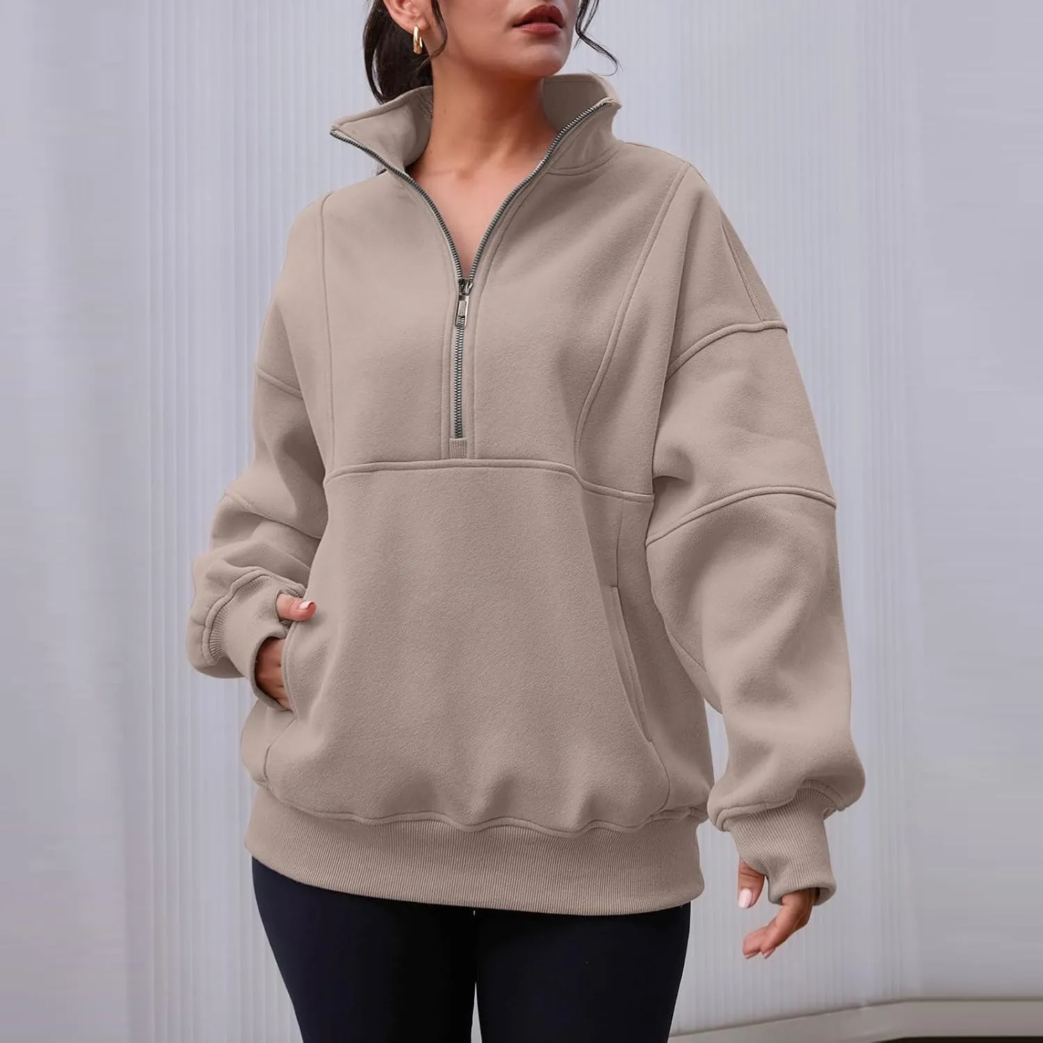 Half Zip Pullover Women Casual Oversized Sweatshirt with Pocket Loose Fit Long Sleeve Workout Tops Fall Outfits 2024