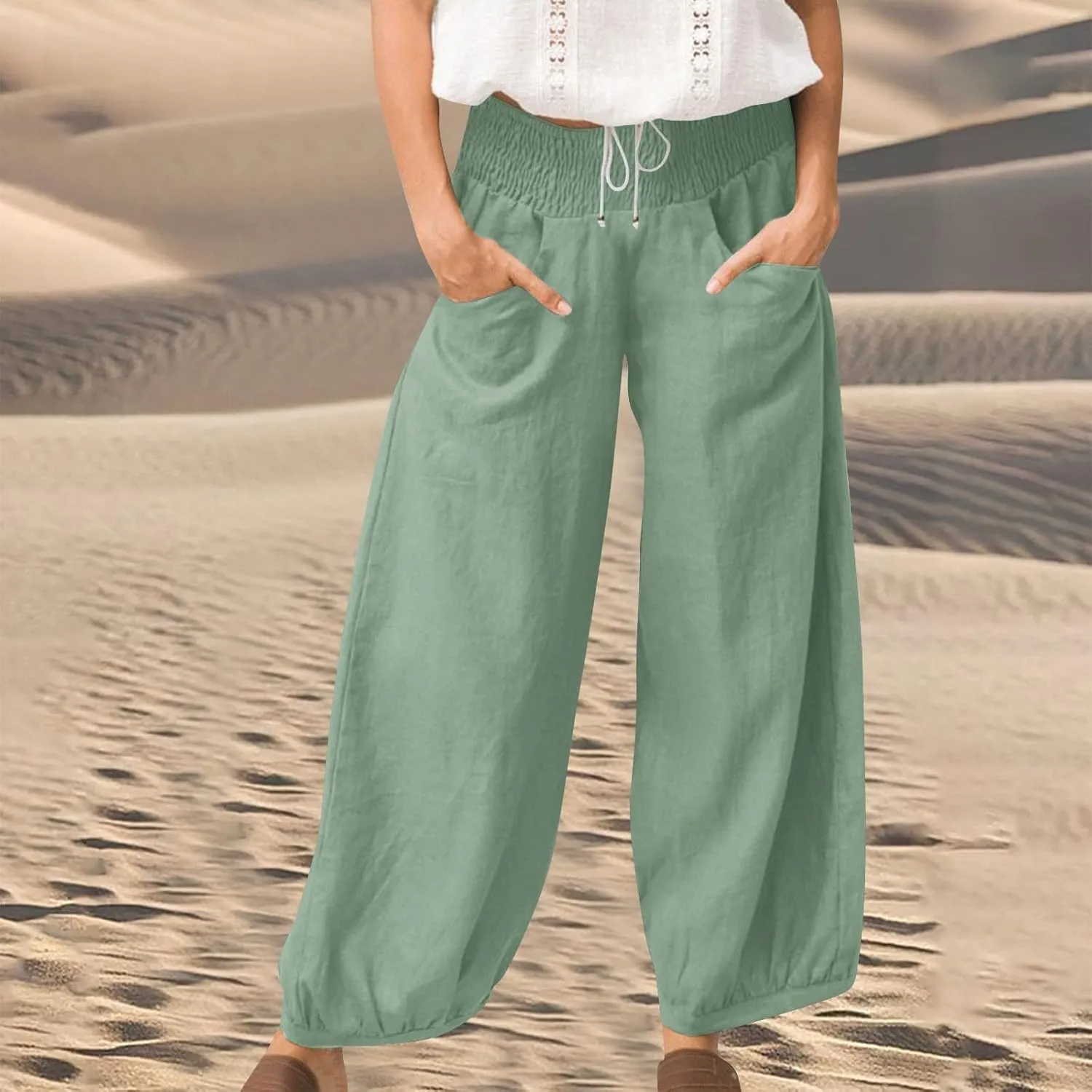 Harem Pants Women Wide Leg Elastic Waist Summer Linen Pants Flowy Loose Baggy Palazzo Trendy Beach Vacation Trousers